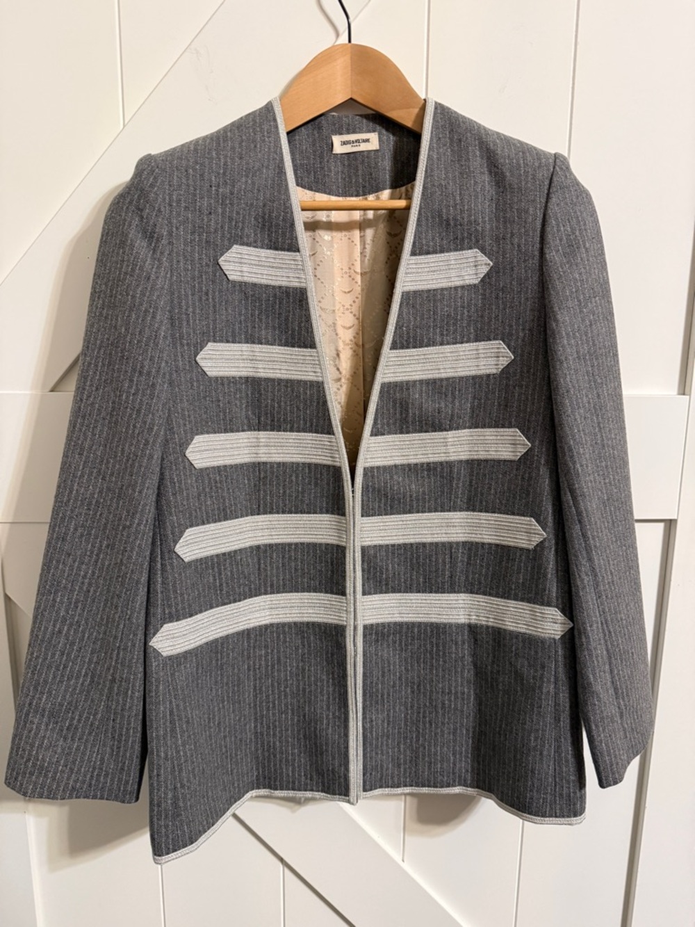 Zadig & Voltaire Gray Military-Style Pinstripe Jacket with Cream Trim Size 40